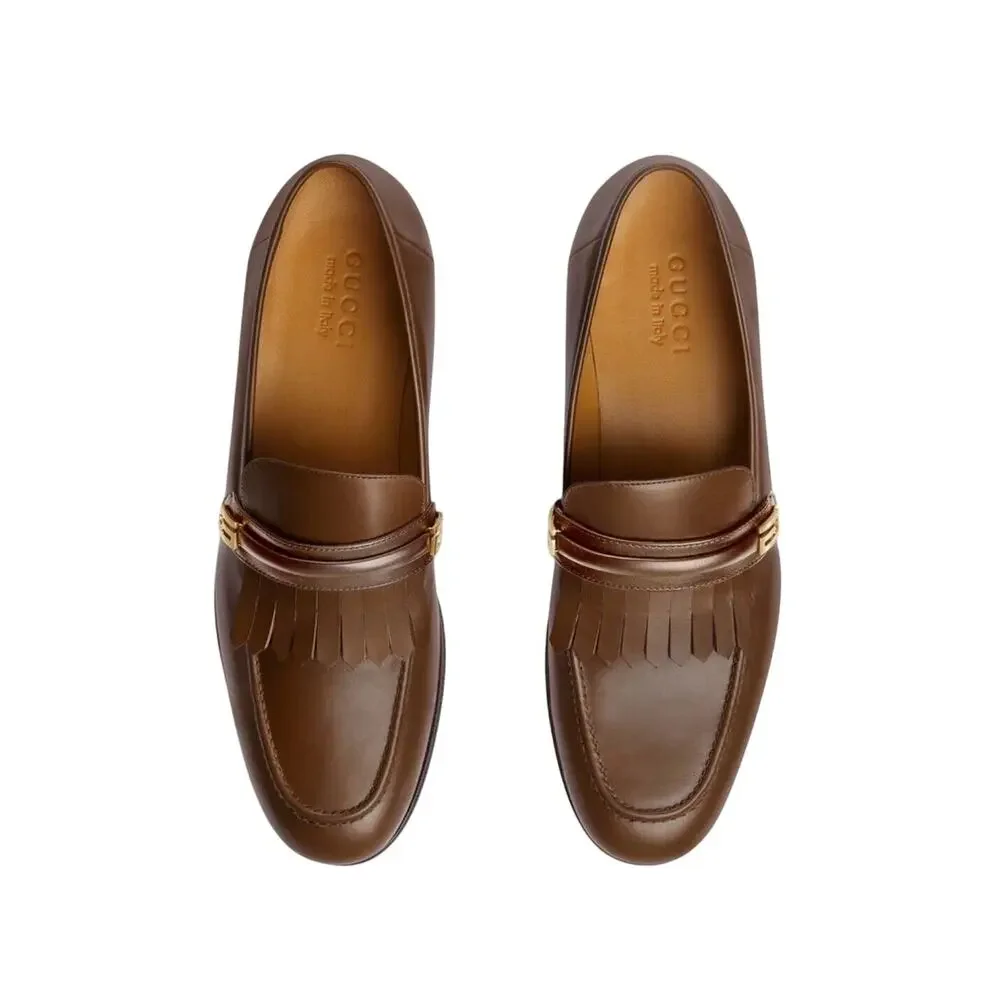 NIB Gucci Mirrored G Size 8.5 US 9 Fringed Loafer Brown Italian Leather Shoe